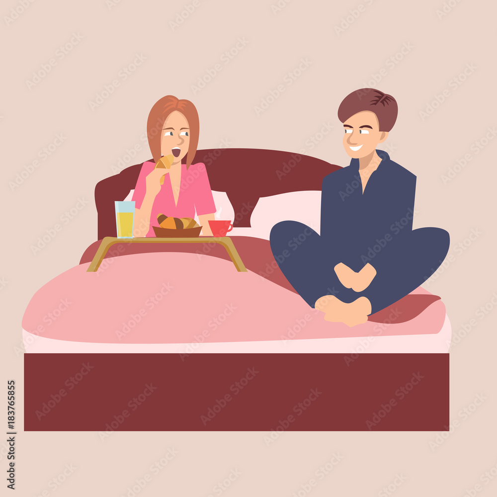 man pampering his girlfriend with breakfast in bed  illustration