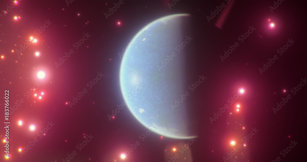 A habitable blue world amongst bright pink red stars.
