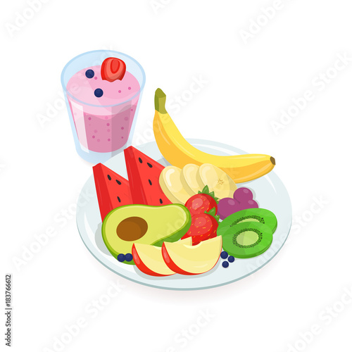 Tasty slices of fresh exotic fruits lying on plate and glass of berry smoothi...