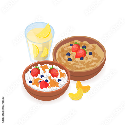 Delicious breakfast consisted of porridge, cottage cheese with berries and honey and glass of homemade lemonade isolated on white background