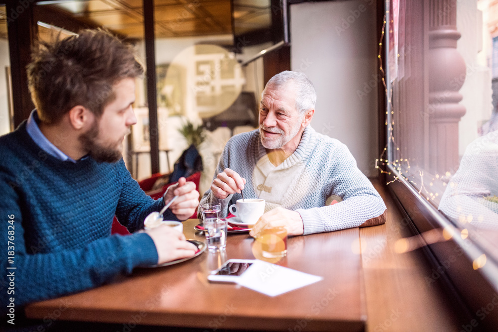 Senior father and his young son in a cafe. Senior father and his young son in a cafe.
