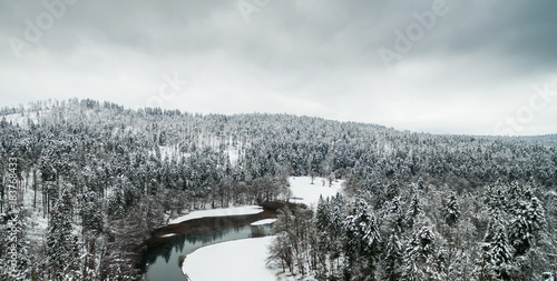 Aerial view of winter snow covered forest landscape. Drone photography collection.