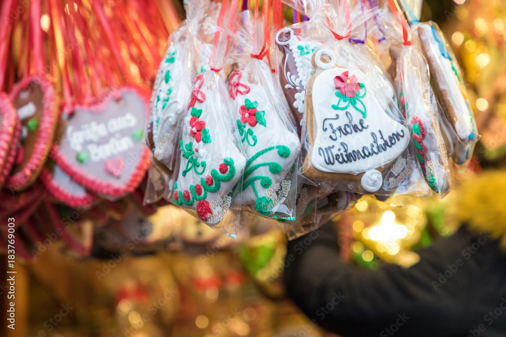 Gingerbread Hearts at German Christmas Market. Berlin. Traditional ginger bread cookies.