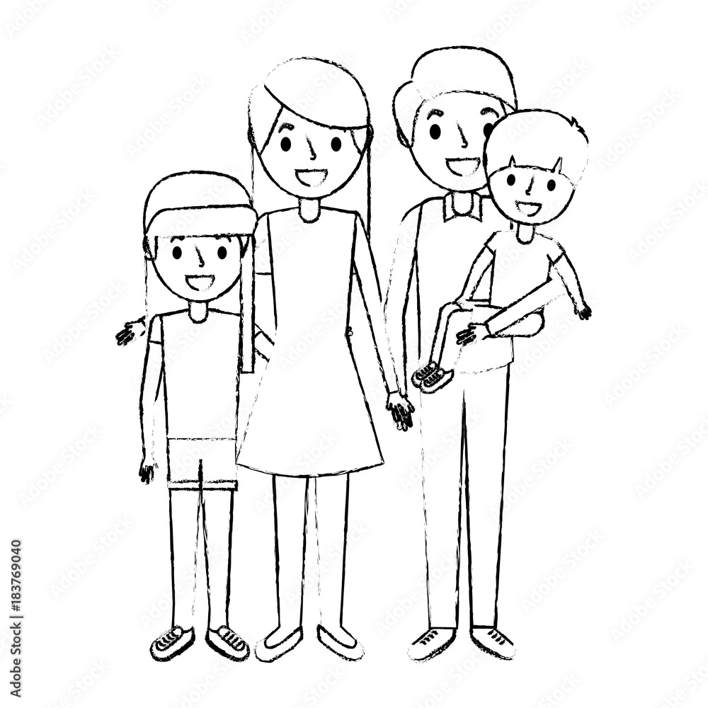 happy family standing together parents and childs vector illustration sketch