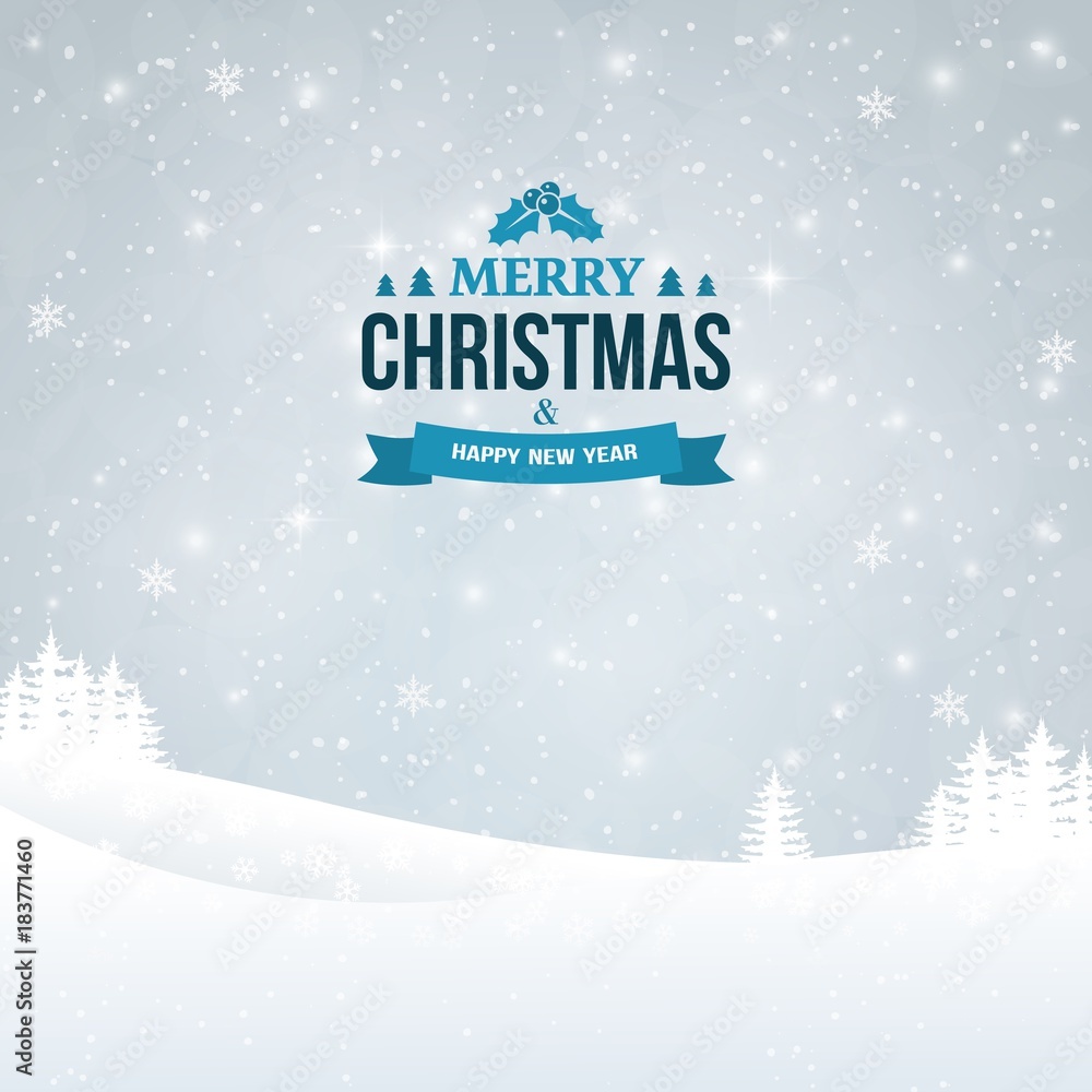 Merry Christmas and Happy New Year vintage badge on the landscape background. Holiday winter background with falling snow. Shining landscape background with trees and snowflakes. Vector Illustration.