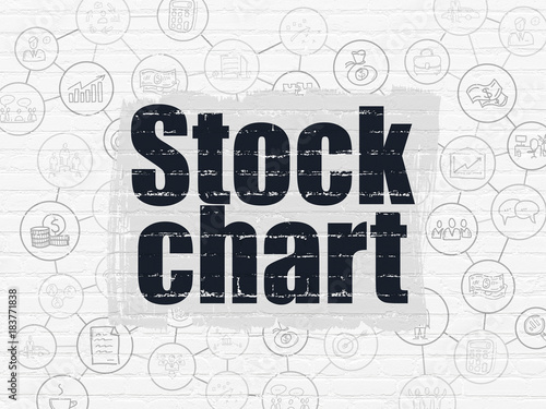 Business concept  Painted black text Stock Chart on White Brick wall background with Scheme Of Hand Drawn Business Icons