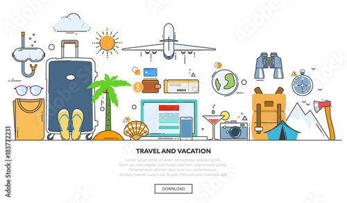 A set of elements for travel and vacations. Line design vector illustration