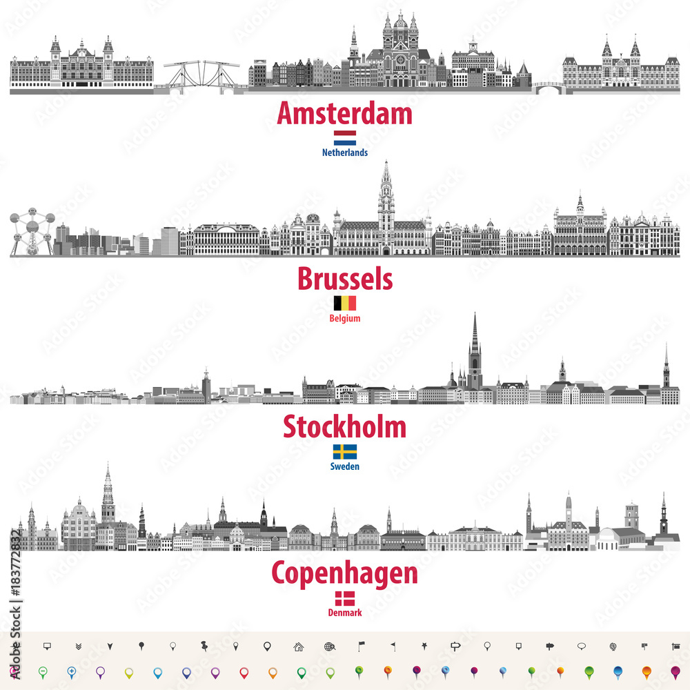 Amsterdam, Brussels, Stockholm, Copenhagen vector cities skyline