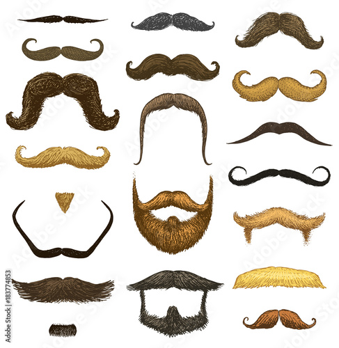 Vászonkép Set of mustache and funny beard of men, hipster and retro barber or hairdresser on transparent background