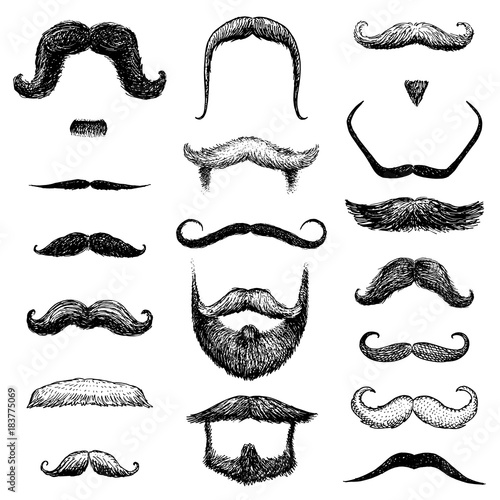 Set of mustache and funny beard of men, hipster and retro barber or hairdresser on transparent background. engraved hand drawn in old sketch, vintage style for packaging and signage.