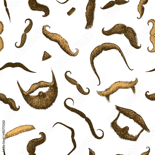 seamless pattern mustache and funny beard of men, hipster and retro barber or hairdresser on transparent background. engraved hand drawn in old sketch, vintage style for packaging and signage.