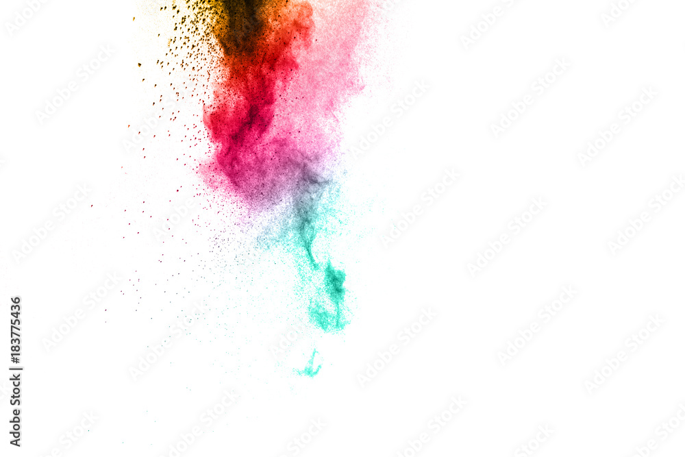 abstract multicolored powder splatter on white background,Freeze motion of color powder explosion on white background.