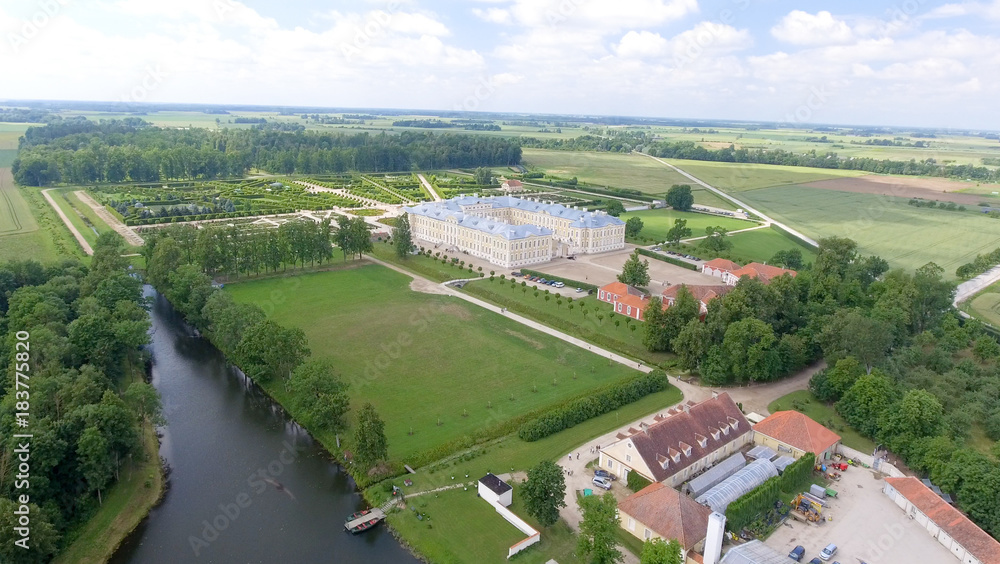 Aerial view of beautiful summer countryside around Rundale Castle, Latvia