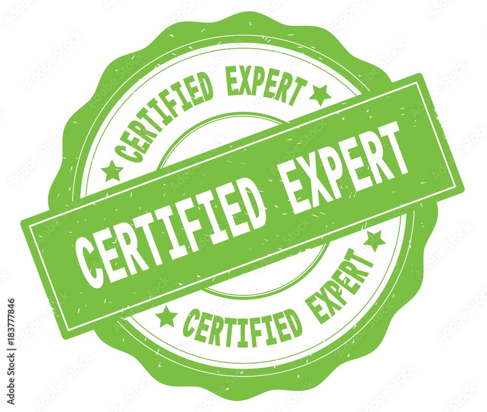 CERTIFIED EXPERT text, written on green round badge. CERTIFIED EXPERT text, written on green round badge.
