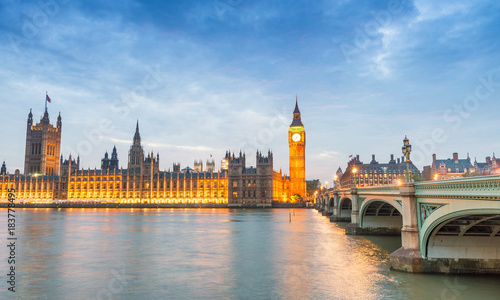 Westminster Bridge and Houses of Parliament at dusk, London