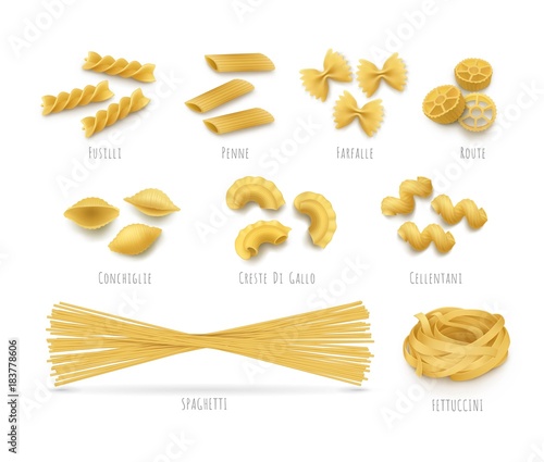 Pasta pattern seamless, realistic style. Background of Italian flour products. Vector illustrations fetuchini, spaghetti, cannelloni, farfalle concept