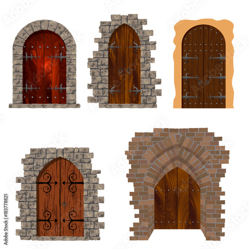 Set of vintage wooden doors against a brick wall background