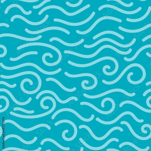 Abstract blue hand drawn doodle thin line wavy seamless pattern. Curly linear sky or sea messy background. Vector illustration. © _aine_
