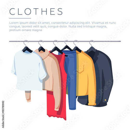Men's and woman's clothes on hangers, vector illustration isolated on white background. Wearing apparel hang on a shelf