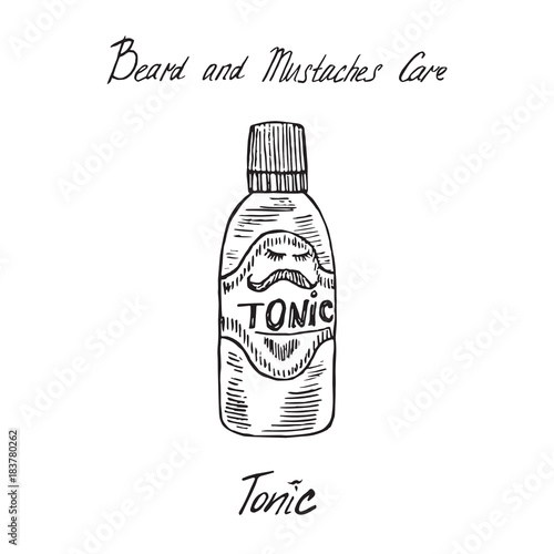 Beard and mustaches care tonic bottle with inscription, hand drawn doodle sketch, isolated vector illustration