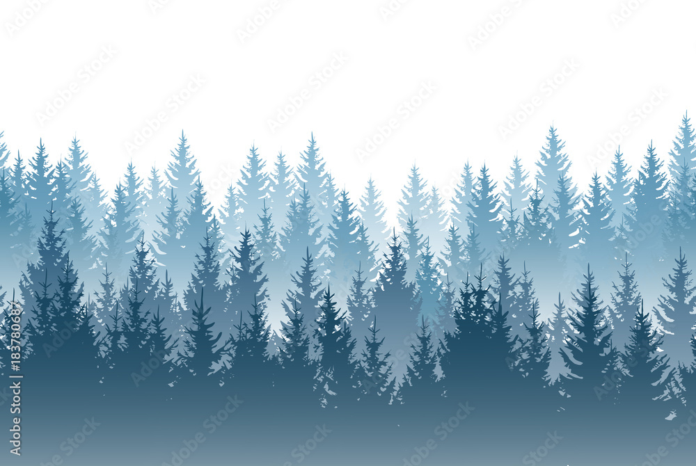 Vector misty forest landscape with detailed blue silhouettes of coniferous trees - seamless pattern