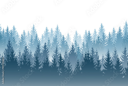 Vector misty forest landscape with detailed blue silhouettes of coniferous trees - seamless pattern © Kateina