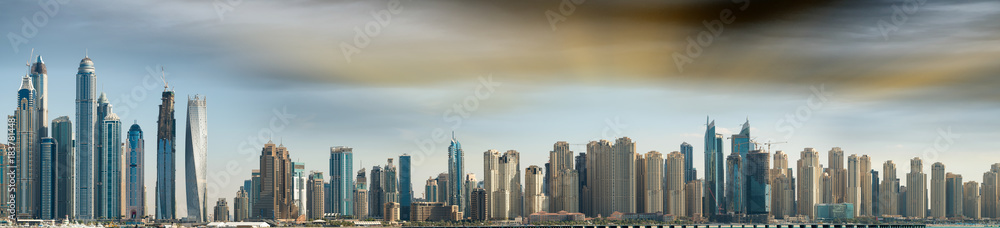Fototapeta premium Aerial view of Dubai skyline at sunset