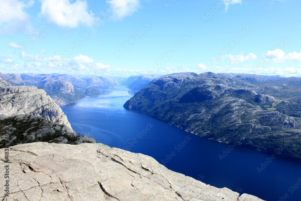 View from Preikestolen pulpit rock, Lysefjord in the background, Rogaland county, Norway
