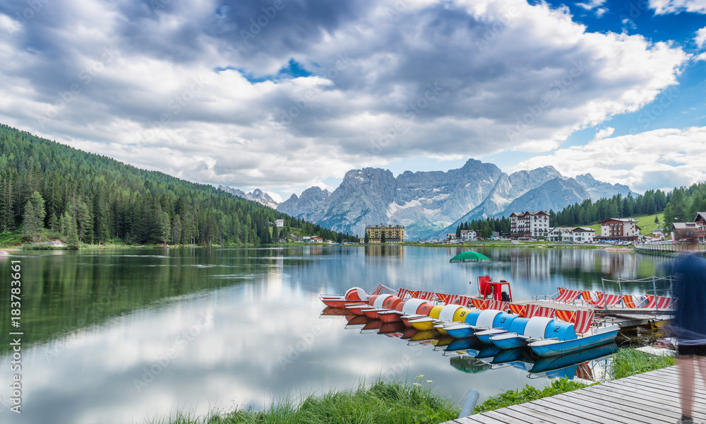 Naklejka premium Lake of Misurina. Long time exposure with reflections - Dolomites