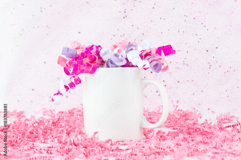 white mug mockup with pink party items white mug mockup with pink party items