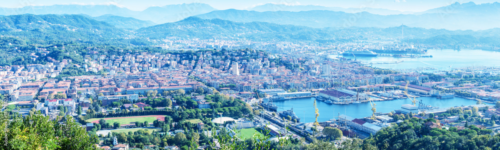 Panoramic view of La Spezia. Gulf and city port on a beautiful sunny day