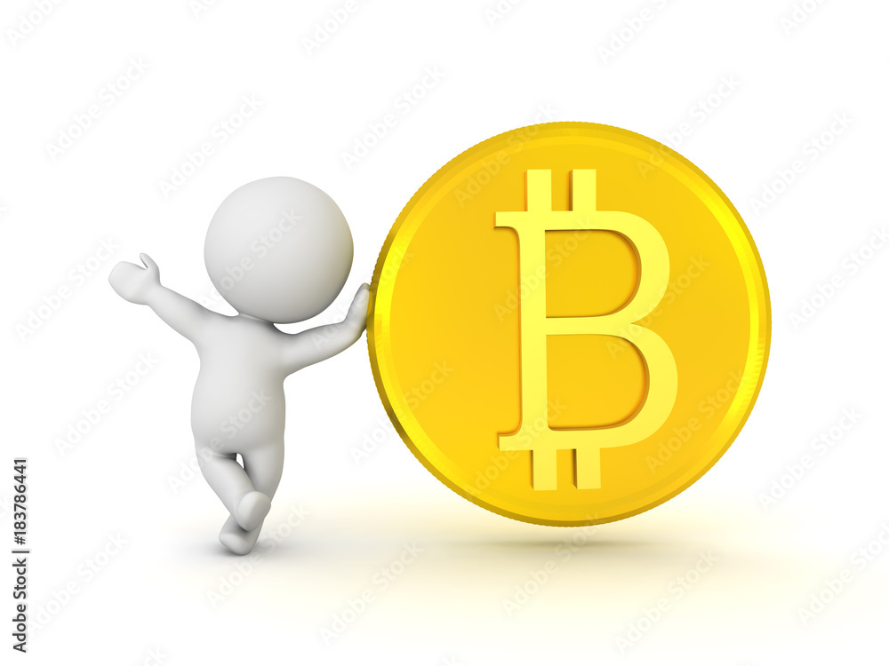 3D Character waving and leaning on golden bitcoin 3D Character waving and leaning on golden bitcoin