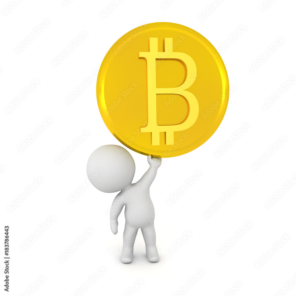 3D Character holding up a golden bitcoin 3D Character holding up a golden bitcoin