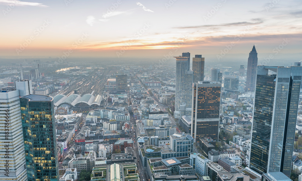 Aerial night view of Frankfurt skyline, Germany