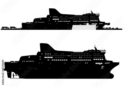 Silhouette of a modern ferryboat. Side view.Flat vector in two colors.