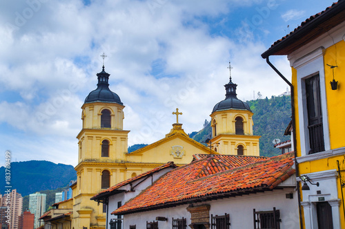 Beautiful outdoor view of rooftops of La Candelaria, historic neighborhood in downtown Bogota, Colombia