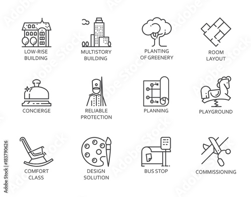 Graphic line icons of real estate, design, high service and security. Outline symbols of city infrastructure. 12 linear signs isolated on white. Vector contour logo immovable property concept