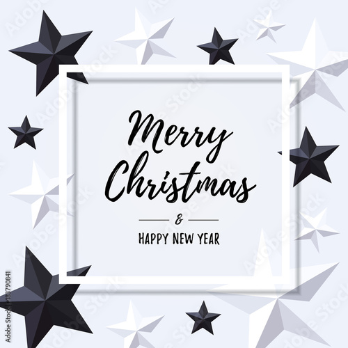 Merry Christmas and Happy New Year typography inside white frame over flat lay with black and white stars. Vector illustration usable for banners, greeting cards, gifts and backgrounds.