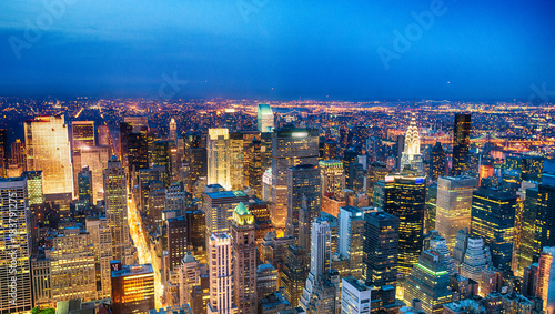 Aerial view of Midtown skyscrapers at night, New York City