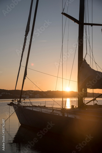 Fototapeta Naklejka Na Ścianę i Meble -  Yacht in harbour at sunset, Mahon, Menorca, Spain