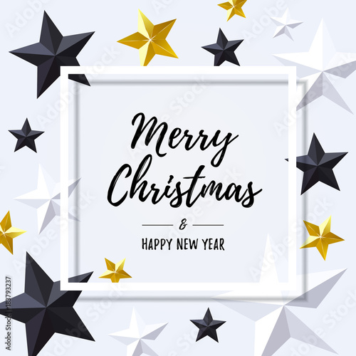 Merry Christmas and Happy New Year black lettering inside white frame over flat lay with golden, black and white stars. Vector illustration usable for banners, greeting cards, gifts and backgrounds.