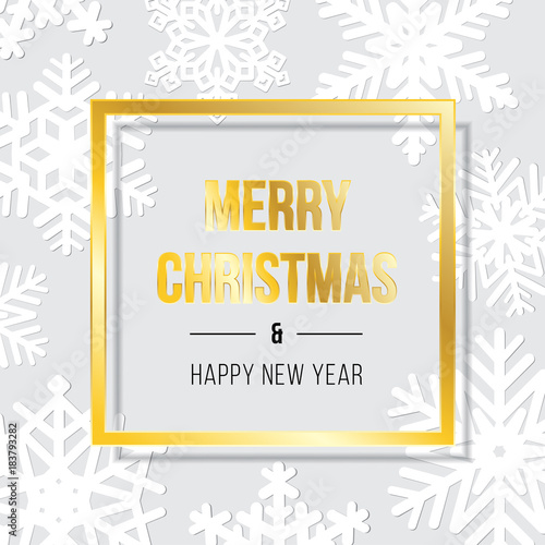 Merry Christmas and Happy New Year gold lettering inside golden frame over flat lay with white snowflakes. Vector illustration usable for banners, greeting cards, gifts and backgrounds.