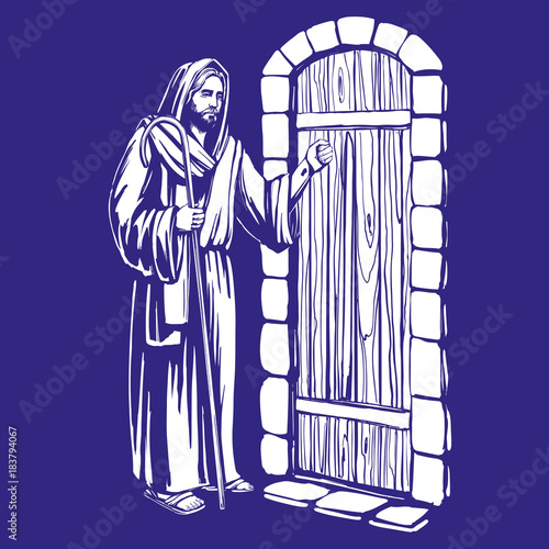 Jesus Christ, Son of God knocking at the door, symbol of Christianity hand drawn vector illustration sketch.