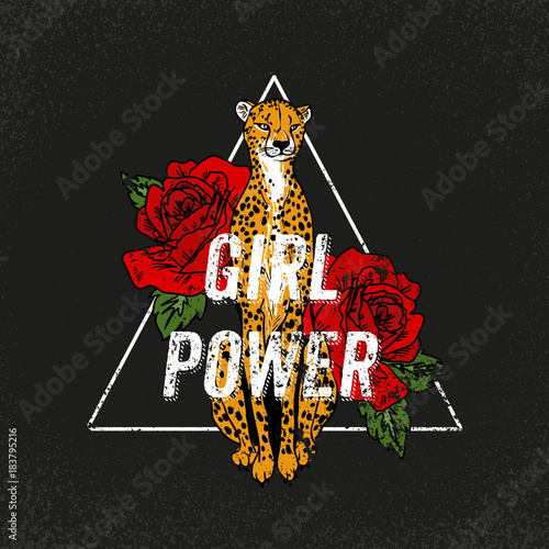Girl power, not your babe slogan. Rose with tiger.Rock and roll girl patch. Typography graphic print, fashion drawing for t-shirts .Vector stickers,print, patches vintage