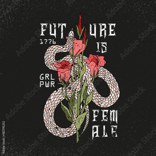 Girl power, Future is female slogan. Snake with rose.Rock and roll girl patch. Typography graphic print, fashion drawing for t-shirts .Vector stickers,print, patches vintage