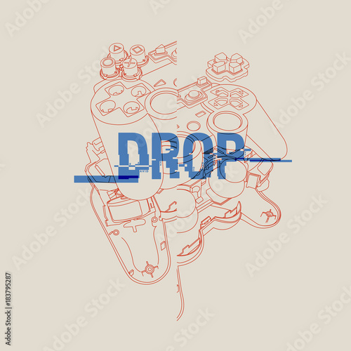 Broken gamepad. Drop text. Typography graphic print, fashion drawing for t-shirts .Vector stickers,print, patches vintage