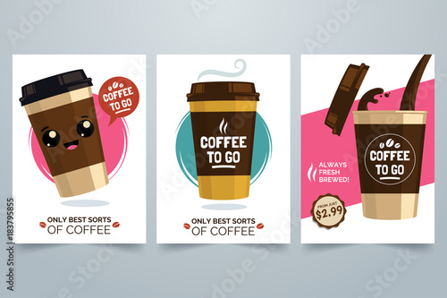 Hot Coffee cartoon illustration. Cute coffee cup with smiley face. Plastic cup with drink. Decorative elements for menu, flyer, advertising. A4 posters. Vector eps 10.