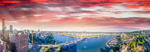 Panoramic aerial view of Portland skyline and Willamette river