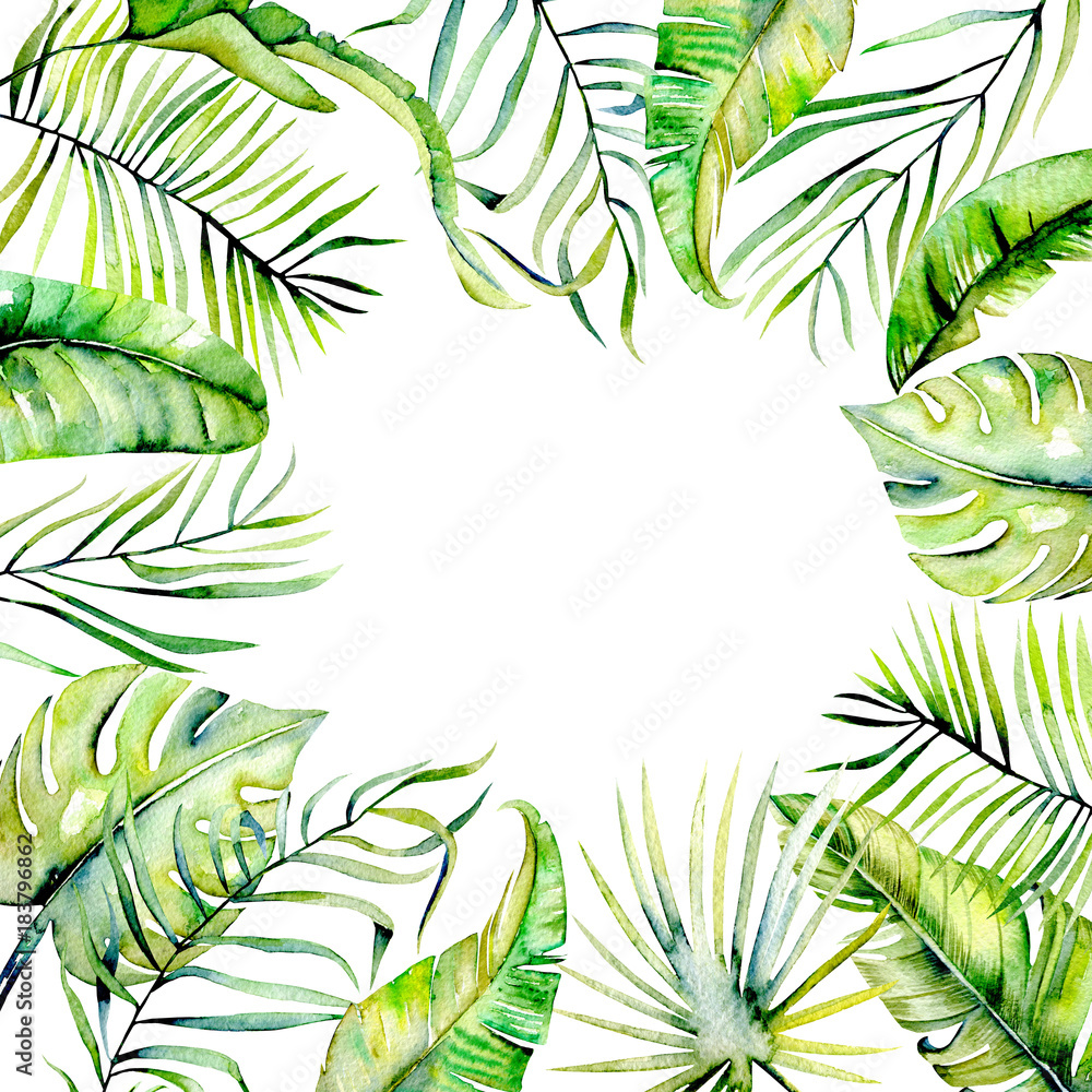 Watercolor tropical palm leaves frame border, hand painted on a white background, greeting card design