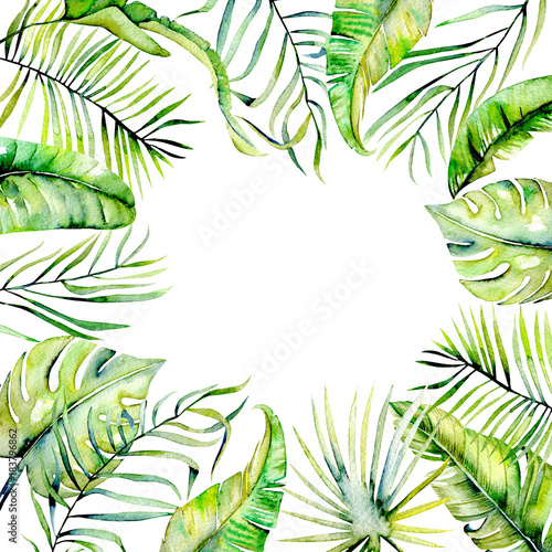 Watercolor tropical palm leaves frame border  hand painted on a white background  greeting card design